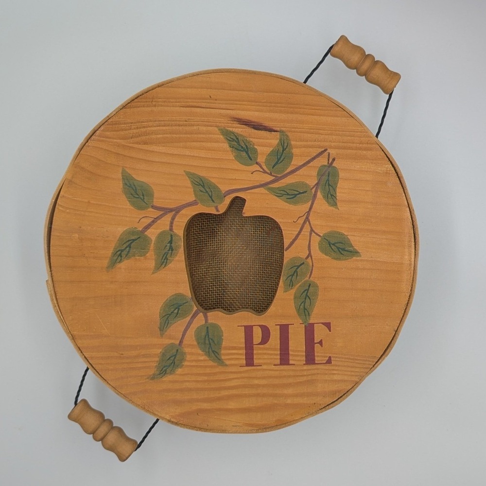 Vintage Wooden‎ Pie Carrier Tan Hand Painted Apple Mesh Vent